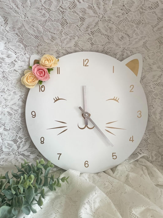 Horloge en Bois Chat Fleurie - Décoration Murale Ludique